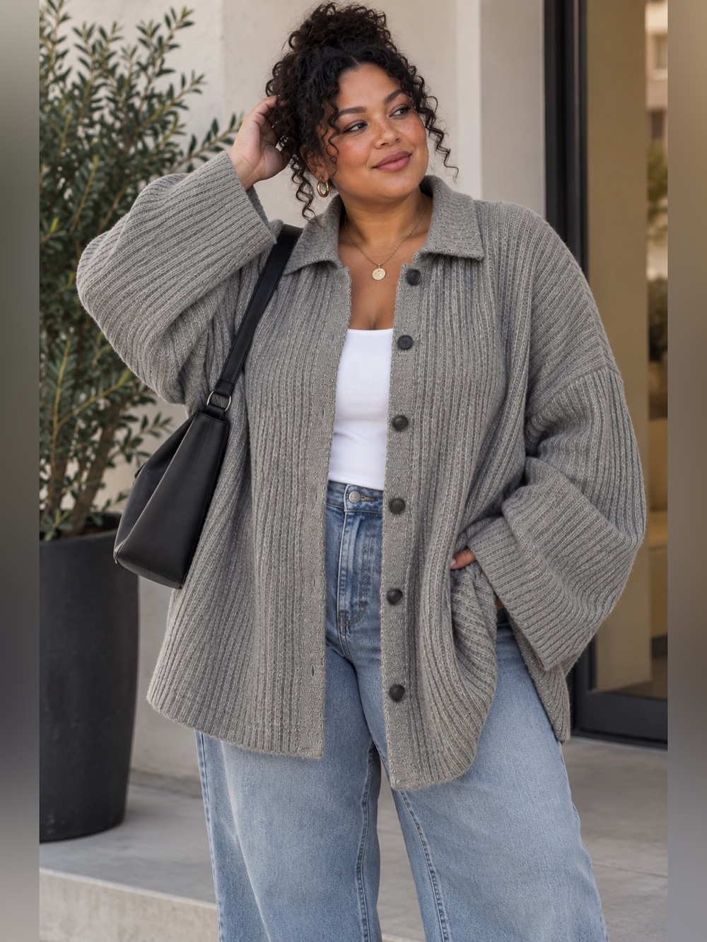 American Eagle Gray Oversized Ribbed Collared Cardigan Sweater XL